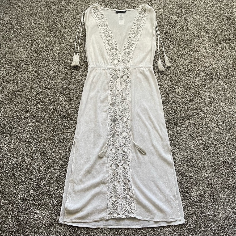 La Blanca Ivory Crochet Lace Slit Side Maxi Dress Swim Cover-Up Medium